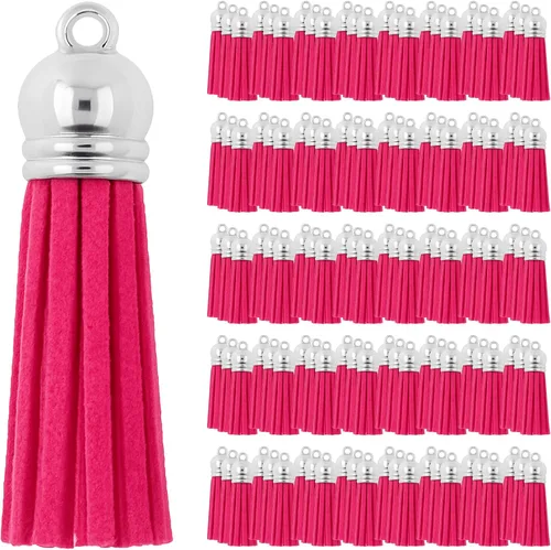 Miniatura 30 de Mandala Crafts 100 borlas de gamuza sintética color aguamarina con tapa dorada, suministros para hacer llaveros a granel, pequeñas borlas de cuero