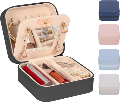 Joyero de viaje con espejo, mini organizador portátil para anillos, aretes, collares, regalos para niñas y mujeres
