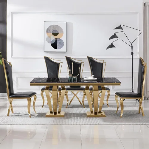 Miniatura 6 de Mesa de comedor de mármol negro para 4, 6, 70 pulgadas, moderna mesa de comedor de cocina dorada con base de acero inoxidable con diseño