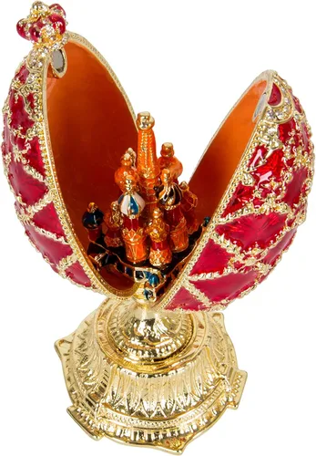 QIFU - Joyero decorativo esmaltado, estilo huevo de Fabergé pintado a mano en rojo, regalo único para la familia (QF3353)
