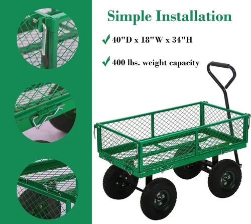 Miniatura 4 de Carrito de jardín de acero resistente, carrito utilitario para patio, carrito utilitario para césped al aire libre con lados extraíbles y ruedas