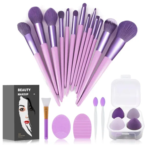 Miniatura 12 de Juego de 22 brochas de maquillaje, incluye brocha para base, brocha para sombras (azul, 22 piezas)