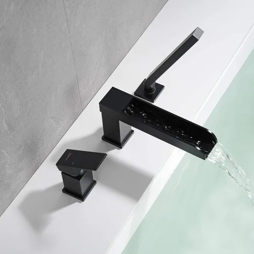 Miniatura 5 de Wowkk Grifos de bañera de cascada para bañera romana de montaje en cubierta, grifos de bañera de montaje en cubierta negros, grifos de bañera