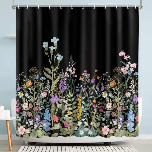 Miniatura 7 de Cortina de ducha Lalumix negra floral, cortinas de ducha con flores para baño con 12 ganchos, juegos de cortinas de ducha de tela de poliéster