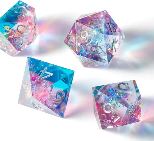 Miniatura 3 de Haxtec Juego de dados brillantes de borde afilado, dados DND de resina hechos a mano con inclusión de Mylar iridiscente, mezcla de color morado Azul