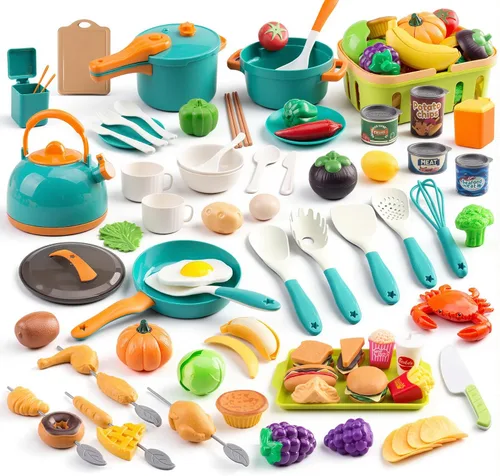 Miniatura 16 de 60 piezas de accesorios de cocina de juego para niños, juego de cocina de simulación con ollas y sartenes, vajilla y conjuntos de frutas y barbacoa