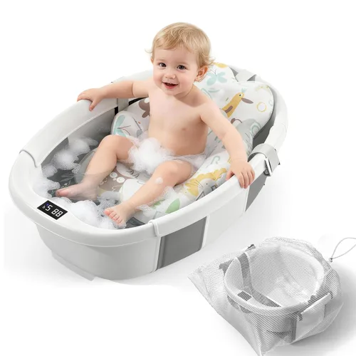 Miniatura 8 de TOSGN Bañera plegable para bebé, 3 segundos para instalar, bañera para bebé con cojín suave y termómetro, bañera para recién nacidos de 0 a 36 Azul