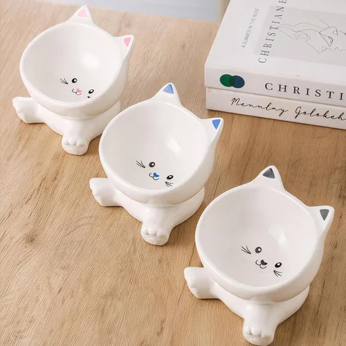 Miniatura 7 de Cuencos elevados para gatos, cuenco de comida para gatos elevado 3D de cerámica de 4.9 pulgadas para fatiga de bigotes, cuenco inclinado para gatito