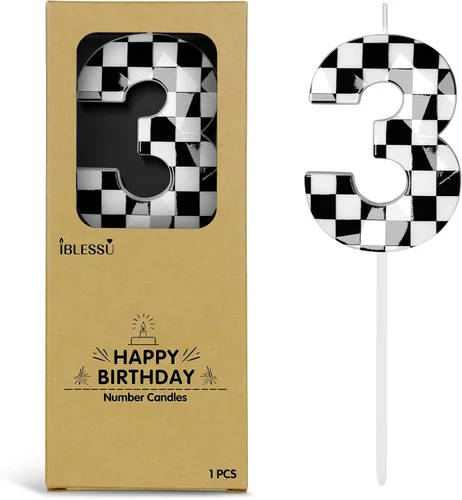 Velas de cumpleaños de autos de carreras número 3, velas de cumpleaños a cuadros negros y blancos de 2.68 pulgadas, velas de números con temática de