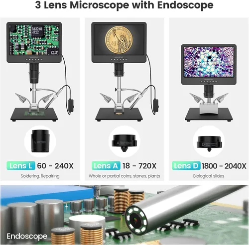 Miniatura 2 de Andonstar AD249S-M Microscopio digital HDMI de 3 lentes 2000x con endoscopio, grabación de video UHD 2160P LCD de 10.1 pulgadas, microscopio