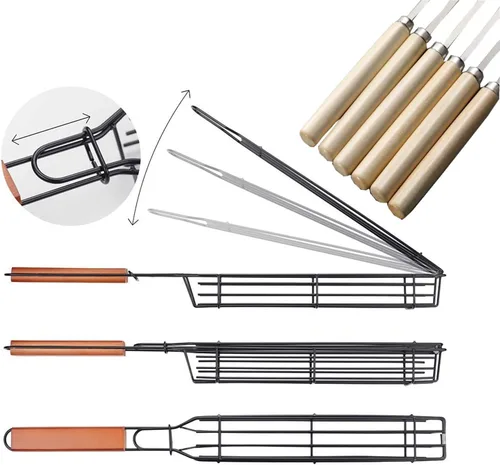 Miniatura 4 de Kabob - Juego de 6 cestas antiadherentes para parrilla y 6 brochetas de acero inoxidable, color naranja, 15.5 pulgadas, acero