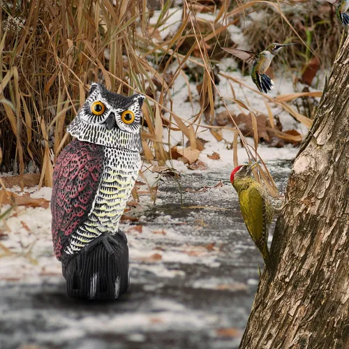 Miniatura 6 de Señuelos de estatua de búho de plástico para control de aves, espantapájaros de búho con cabeza giratoria para jardín, patio y uso al aire libre