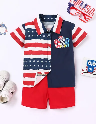Miniatura 2 de Conjunto de ropa de verano para el 4 de julio, para el Día de la Independencia, camisa y pantalones cortos