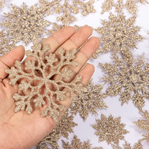 Miniatura 4 de Paquete de 36 adornos de plástico en champán dorado de copos de nieve, decoraciones colgantes de copo de nieve para el árbol de Navidad de invierno