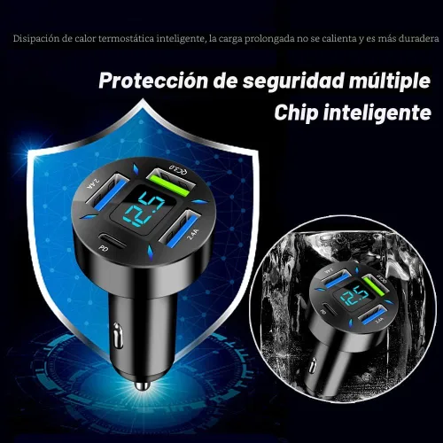 Miniatura 5 de Cargador de automóvil de 66 W de carga súper rápida con USB 2.4A y QC 3.0 (voltímetro y luces LED), carga rápida universal para enchufe