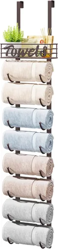 Miniatura 17 de HapiRm Toalleros para almacenamiento de baño, 3 niveles sobre la puerta y montaje en pared, organizador de toallas enrollado con cesta de estante