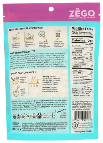 Miniatura 2 de ZEGO Foods Organic Superfood Avena y Muesli, certificado sin gluten (manzana y arándano) 13 onzas