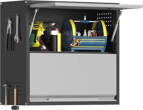 Miniatura 12 de Armario de pared de garaje de metal con puerta abatible, armario de almacenamiento superior de acero con asa y orificios de ventilación