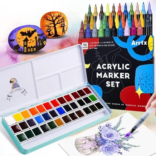 Arrtx Bolígrafos de pintura acrílica, punta de pincel de 32 colores y punta fina (punta doble), juego de pintura de acuarela MeiLiang, 36 colores