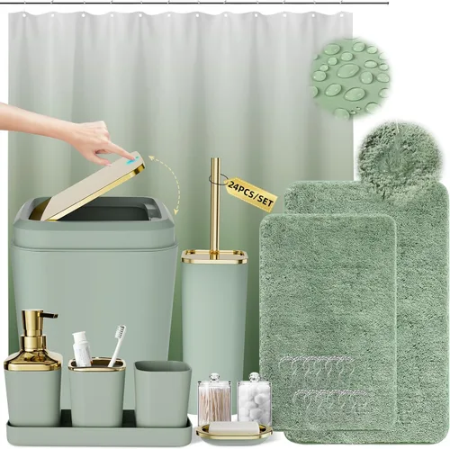 Miniatura 25 de XLHOMO - Juego de baño beige de plástico de 9 piezas, con basurero, dispensador de jabón, portacepillos de dientes, vaso, jabonera, cepillo
