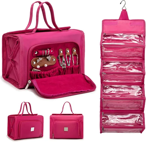 Miniatura 12 de ROYALFAIR Bolsa de maquillaje enrollable, bolsa de aseo impermeable para mujer, organizador de viaje colgante con compartimento organizador de Azul