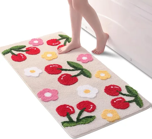 Miniatura 9 de Anybar Alfombras de Baño Beige Tapete de Baño de Cerezas Lindas Accesorios de Baño Coloridos, Alfombra de Flores Divertida Tapete de Piso