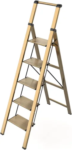 Miniatura 7 de E-riding Escalera de 5 peldaños, taburete plegable, escalera portátil plegable de hierro negro para techo de 10 pies de altura con pedal ancho