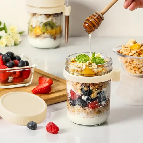 Miniatura 4 de LANDNEOO Paquete de 4 Recipientes para Avena Nocturna con Tapas y Cucharas, Frascos de Vidrio Mason de 16 oz con Tapas Herméticas, Frascos para Beige