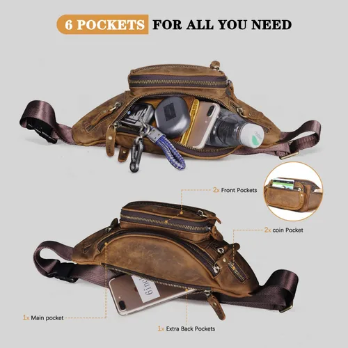 Miniatura 6 de Handadsume Riñonera de lona resistente al agua + cuero para senderismo, viajes, riñonera pequeña para hombres y mujeres FB811-29, X-346-Marrón