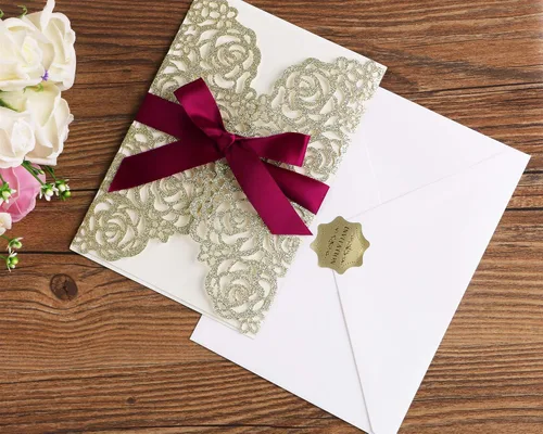 Miniatura 5 de ponatia 25 unidades por lote de 250 GSM, 5.12 x 7.1 pulgadas, con purpurina, rosa hueca con cinta burdeos, para boda, despedida de soltera