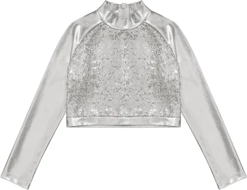 Miniatura 3 de Camiseta deportiva de manga larga para niñas pequeñas y grandes, con cuello alto falso, para ballet, gimnasia, yoga, animadoras, bailar