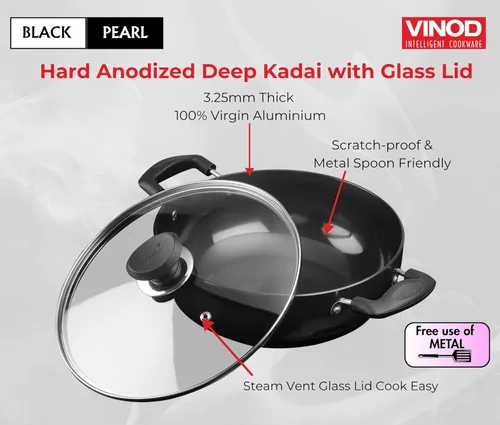 Miniatura 5 de Vinod Utensilios de cocina profesional Deep Kadhai – 2.1 litros (2.2 cuartos) – 20cm (7.9 in) – Tapa de vidrio incluida – Wok/olla anodizado duro