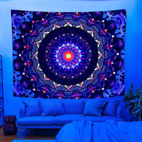 Miniatura 4 de OSVINO Tapiz de mandala trippy de luz negra, 59 x 51 pulgadas, tapiz de fantasía reactiva a los rayos UV, decoración de pared para sala de estar