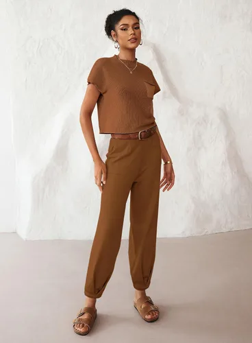 Miniatura 3 de MEROKEETY Conjunto de dos piezas para mujer, suéter de punto, sin botones, pantalones de cintura alta, conjunto de chándal