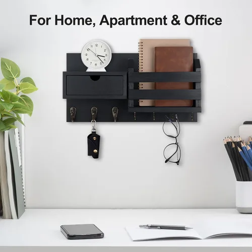 Miniatura 6 de Lwenki Organizador de llaves y correo de pared con cajón de almacenamiento, 100% madera de Paulownia, 7 ganchos de metal, decoración del hogar