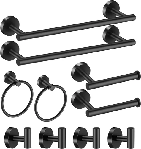 Juego de Accesorios de Baño Negro de 10 Piezas, Juego de Barras de Toalla de Acero Inoxidable Negro Mate, Incluye 2 Barras de Toalla de 16'', 4