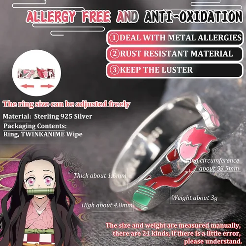 Miniatura 2 de TWINKANIME Demon Slayer Anime Merch Ring Fashion Anime Jewelry Cosplay Style for Men Wonmen Gifts Adjustable About 7-9 S925 Sterling Silver All