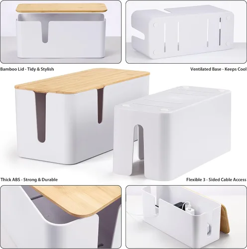 Miniatura 5 de ZhiYo Caja organizadora de cables con tapa de bambú, paquete de 2 cajas grandes para organizar cables, organizador de cables ABS seguro para TV
