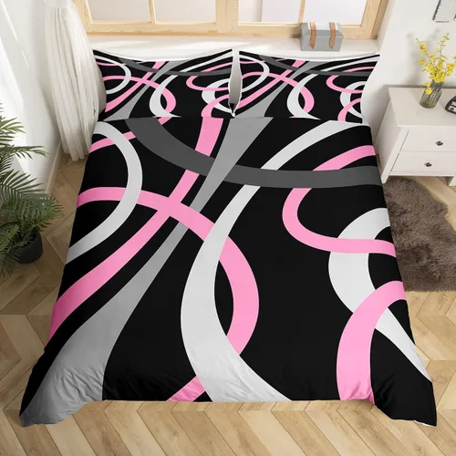 Miniatura 11 de Feelyou Juego de funda de edredón geométrica de color rojo, negro y gris, juego de ropa de cama retro con remolinos circulares a rayas circulares