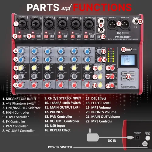Miniatura 2 de Pyle Mezclador de audio profesional inalámbrico para DJ, 8 canales, compatible con Bluetooth, controlador de DJ, mezclador de sonido con puerto USB
