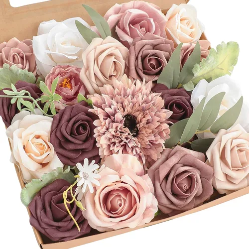Miniatura 8 de Floroom - Flores artificiales de aspecto real en color lila, lavanda, púrpura y crema, rosas falsas, dalias y vegetación en conjunto de caja