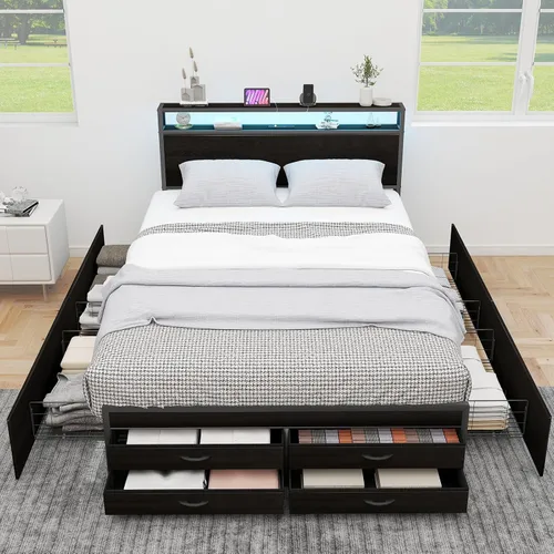 Miniatura 4 de Zevemomo Estructuras de Cama Full con Cabecero, Estructura de Cama de Almacenamiento Tamaño Full con 8 Cajones, Puertos de Carga y Enchufes