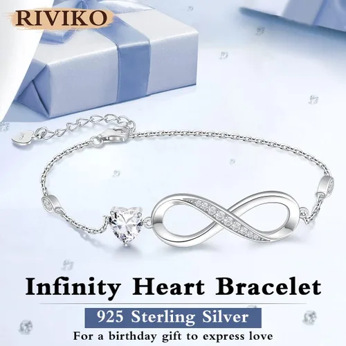 Miniatura 3 de RIVIKO Pulsera con dije de símbolo de corazón de amor infinito para mujer, plata de ley 925, ajustable, cumpleaños, Navidad, día de San Valentín