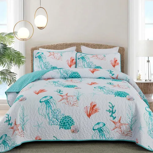Miniatura 9 de DJY Beach Quilt Set Queen Size,3 Piece Coastal Ocean Summer Bedspread Coverlet Set with 2 Pillow Cases Lightweight Soft Microfiber Nautical Bedding