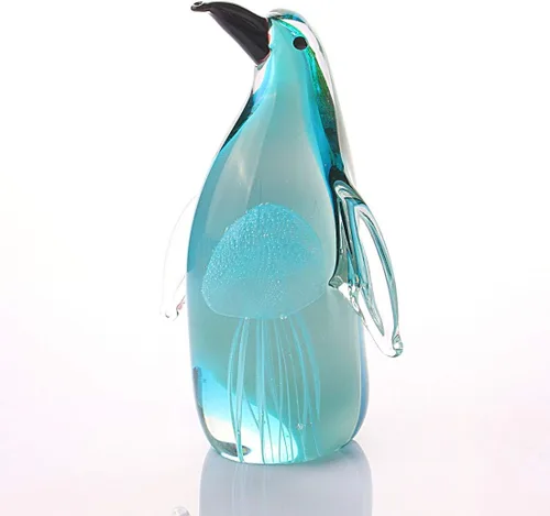 Miniatura 5 de Hophen Estatuilla de pingüino de cristal con medusas, escultura de pingüino de cristal soplado hecha a mano, estatua de animal, pisapapeles