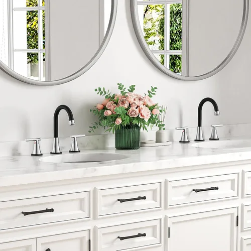 Miniatura 8 de Grifos de baño para lavabo de 3 agujeros, Hurran grifo negro y cromado para lavabo de baño con desagüe emergente y líneas de suministro, grifo