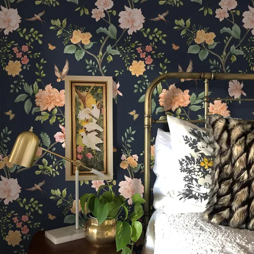 Miniatura 2 de Froluya Papel tapiz floral azul oscuro para despegar y pegar, papel de contacto floral vintage de 16.9 x 118.1 pulgadas, papel tapiz de pájaro