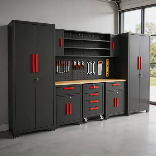 Sistema de gabinetes de almacenamiento para garaje Torin, set de 8 piezas de gabinetes de taller en negro, incluye gabinetes de acero con cajones,