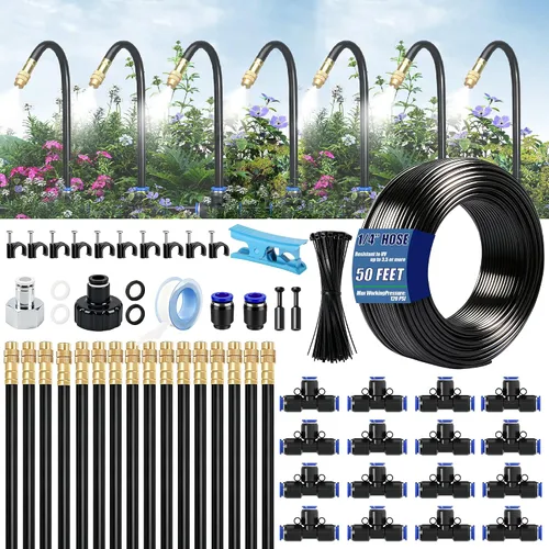 Dianrui Sistema de riego por goteo: sistema de riego de jardín de 50 pies y 1/4 pulgadas con 16 boquillas de cobre, sistema de riego automático de