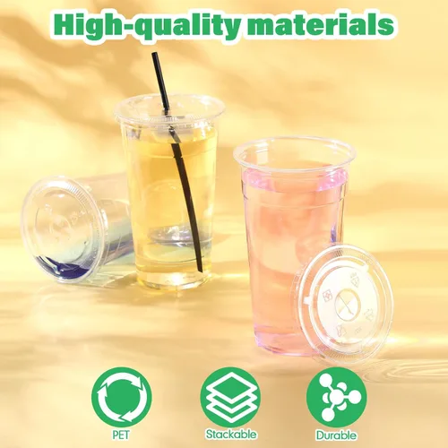 Miniatura 3 de Nuogo Juego de 100 vasos de plástico transparente de 32 onzas con tapas planas y pajitas, vasos de plástico PET con tapas, pajitas de colores, vasos